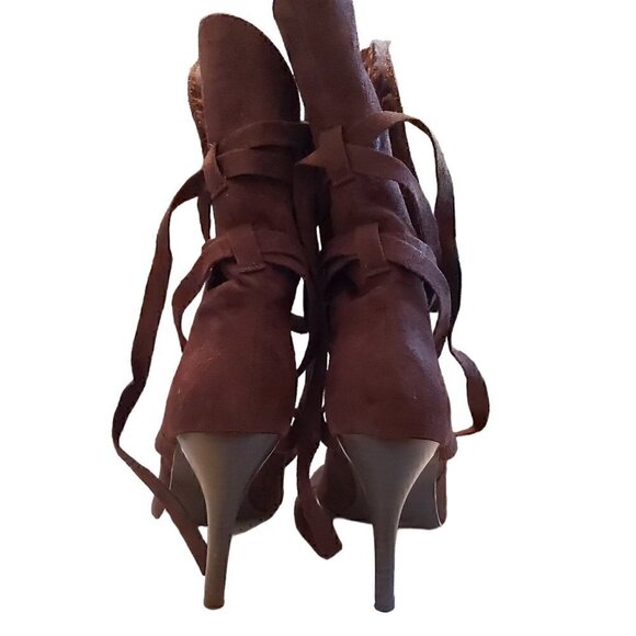 Anne Michelle Brown Slip On Faux Fur Lace Up Pointed Ankle Boots - Size 8.5 - Picture 4 of 10